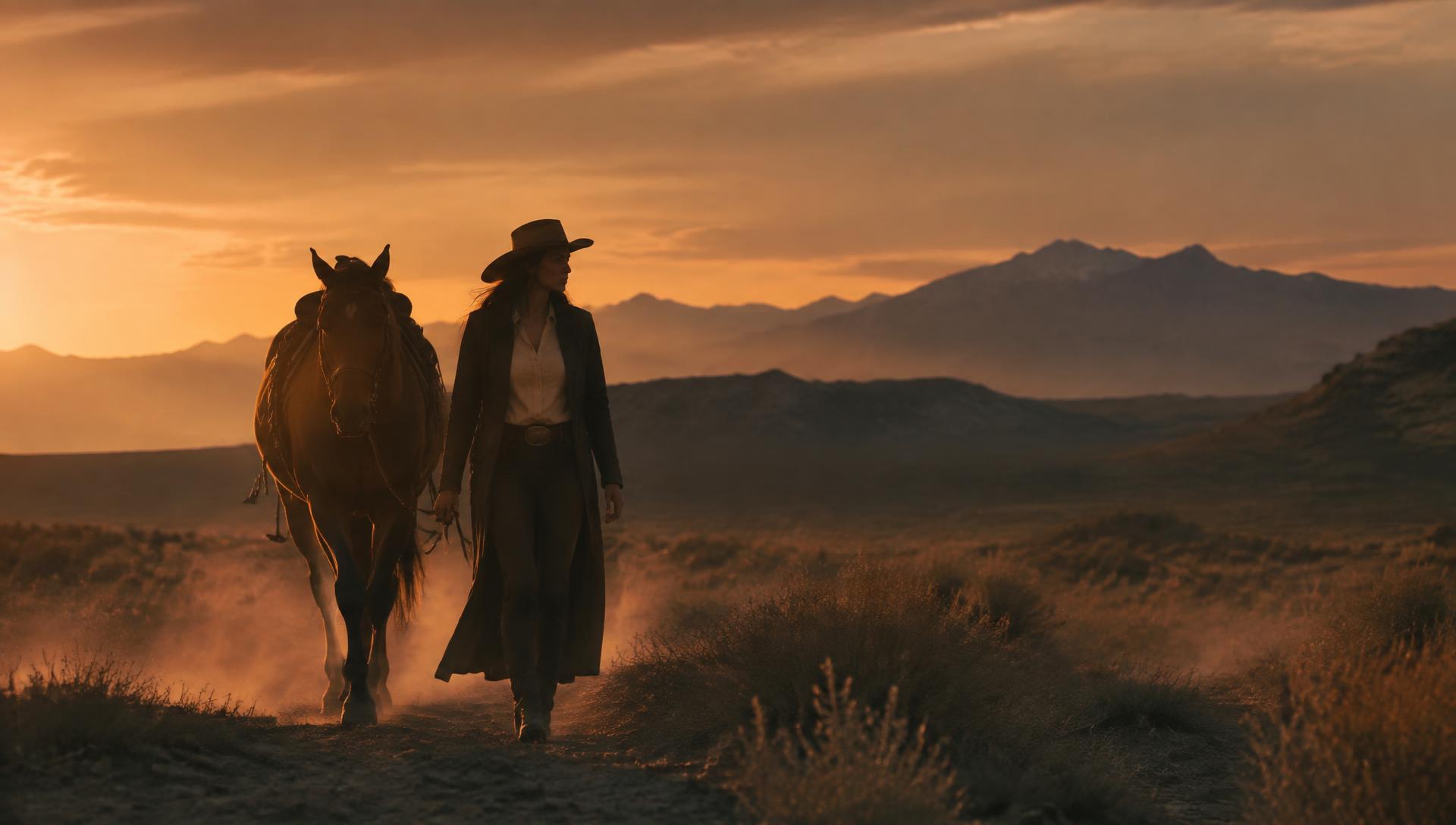 Cowgirl walking a horse across a desert landscape